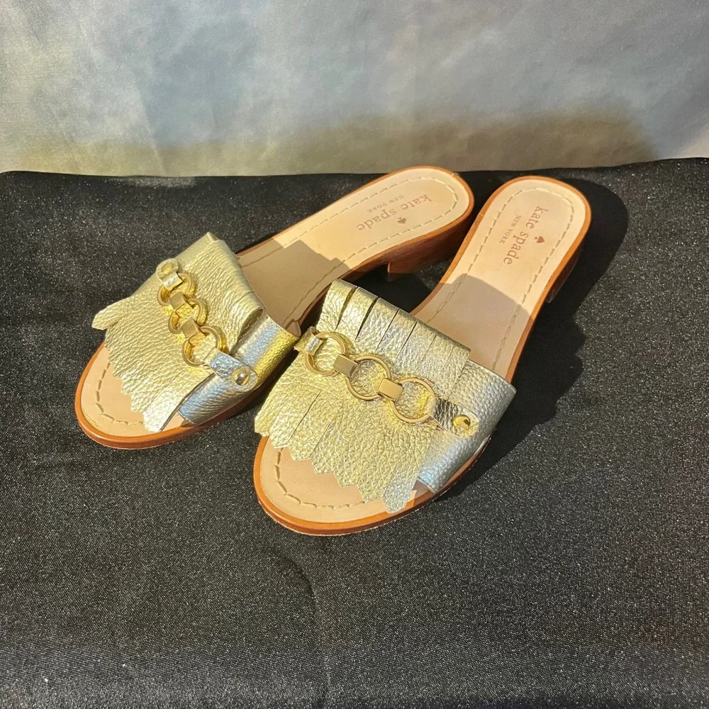 Kate Spade Brie GoldLeather Fringe Chain Slide Sandals Mules‎ Women's Size 6.5M